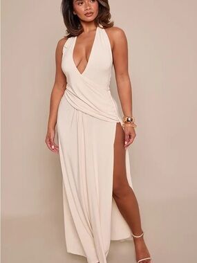 Elegant Cream Halter Maxi Dress with Side Slit
